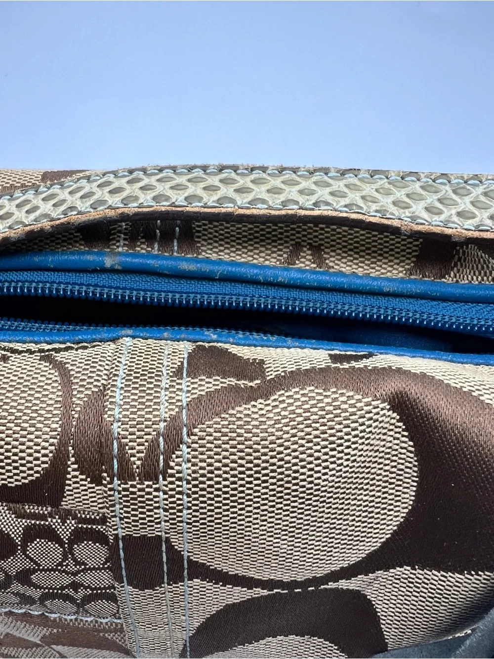 Coach Signature Vintage Y2K Patchwork Hobo Handbag Brown Tan Blue Trim Small